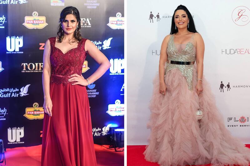 Zareen Khan, left, and Mona Kattan will send video shout-outs to fans via new digital platform Halahi. Toifa and Getty Images