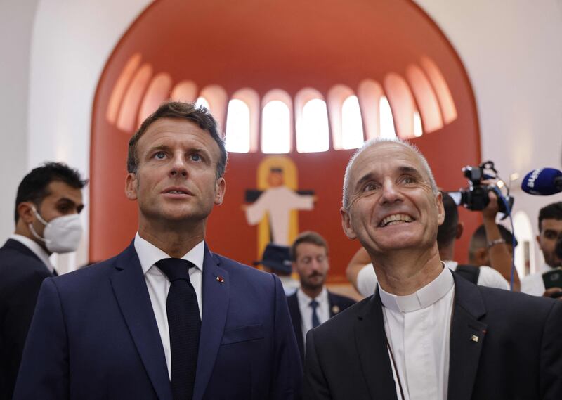 Emmanuel Macron and  Algiers' Catholic archbishop Mgr Jean-Paul Vesco during the French president's visit to the chapel at the Santa Cruz fortress in Oran. AFP