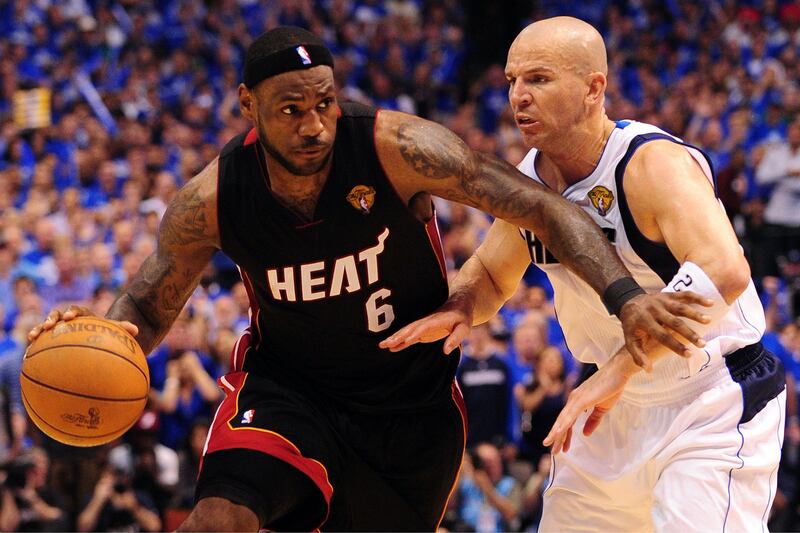 Lebron James, left, is blocked by Jason Kidd during Game 5.