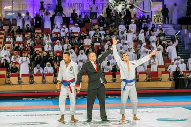 Omar Al Fadhli, right, made history last season by becoming the first Emirati to strike gold in the JJIF event. Courtesy Abu Dhabi World Professional Jiu-Jitsu Championship