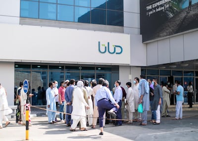 DUBAI, UNITED ARAB EMIRATES. 21 June 2020. 
Almost 150 Pakistani citizens line up today outside Dnata to get flight tickets to Pakistan. The doors did not open at their usual time, 9am. At 9:45am they were all asked to leave, and told that they can longer get tickets from here.

(Photo: Reem Mohammed/The National)

Reporter: SARWAT
Section: