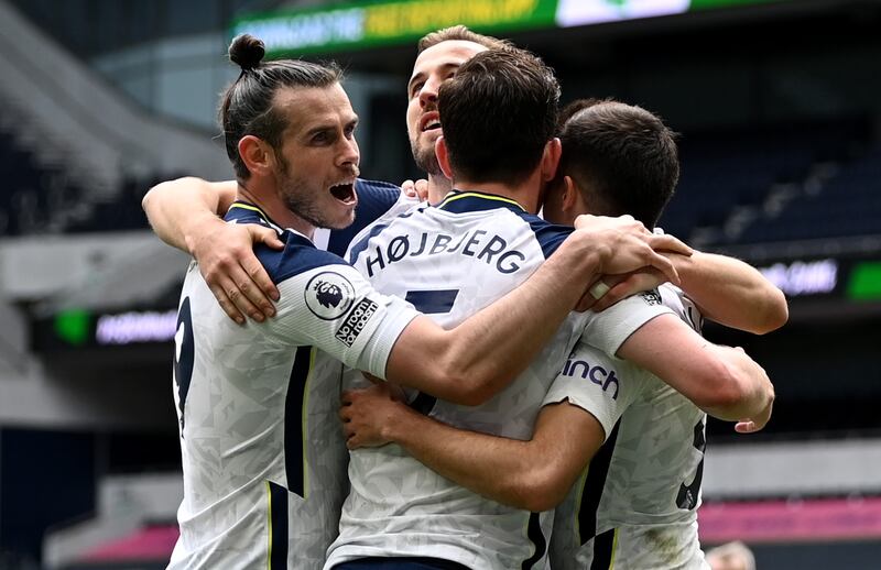 Tottenham Hotspur players celebrate their second goal against Wolves on Sunday. Getty