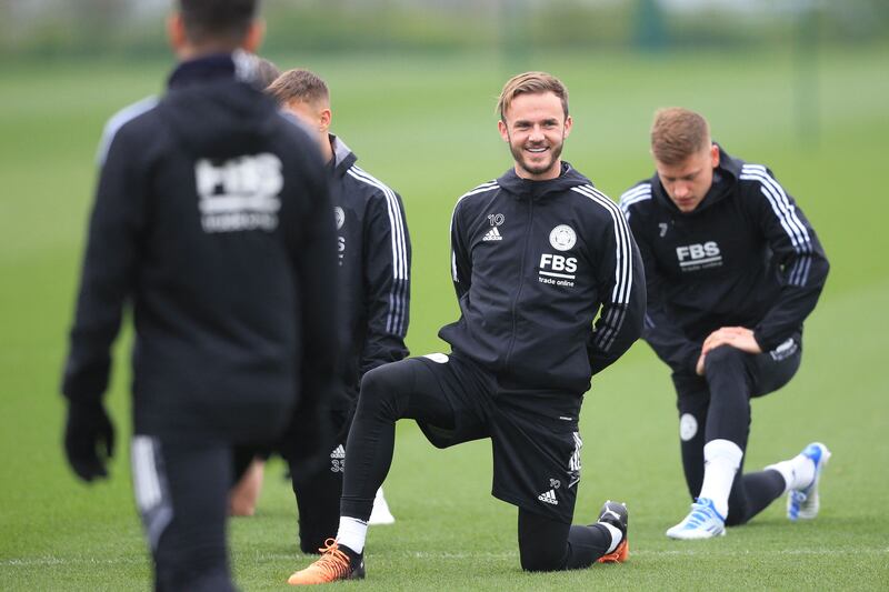 James Maddison training on the eve of Leicester City's Europa Conference League semi-final second leg against Roma. AFP