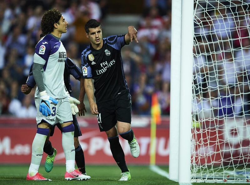 Alvaro Morata of Real Madrid celebrates after scoring his second goal. Aitor Alcalde / Getty Images