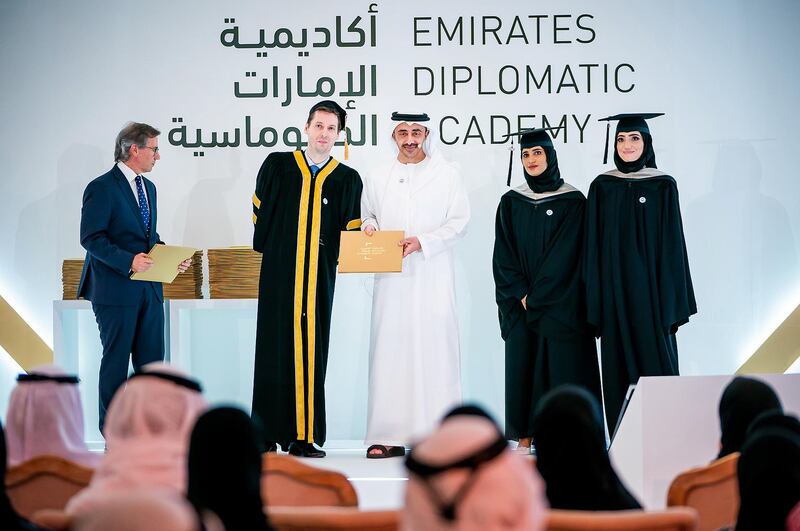 ABU DHABI, 19th October, 2018 (WAM) -- H.H. Sheikh Abdullah bin Zayed Al Nahyan, Minister of Foreign Affairs and International Cooperation and Chairman of the Board of Trustees of the Emirates Diplomatic Academy, EDA, attended the academy’s graduation ceremony, held at the Ministry of Foreign Affairs and International Cooperation, MoFAIC. MOFAIC / Wam