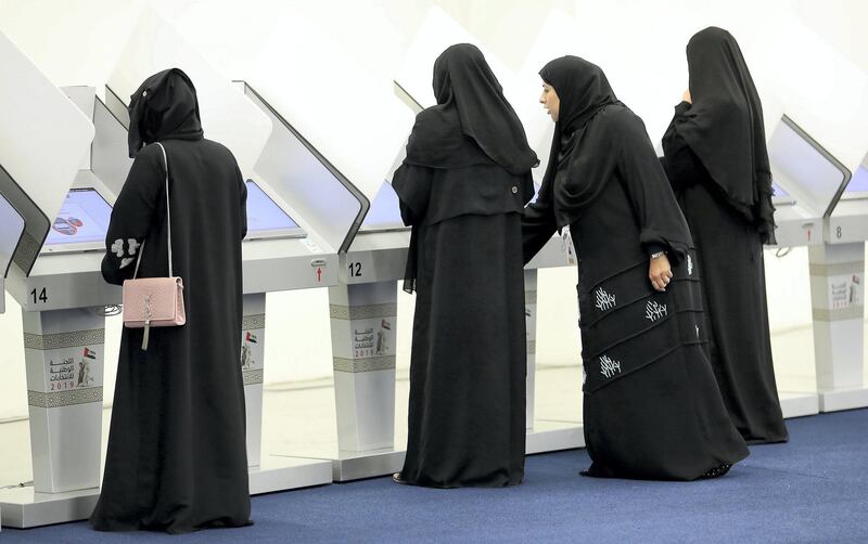 RAK,  UNITED ARAB EMIRATES , OCTOBER 5 – 2019 :- Residents casting their vote for the FNC election at the HCT Ras Al Khaimah Women’s College in Ras Al Khaimah. ( Pawan Singh / The National ) For News. Story by Ruba