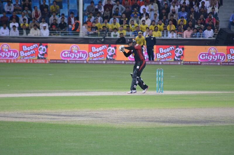 A Lahore Qalandars batsman plays a shot against Peshawar Zalmi on Saturday in the Pakistan Super League. Photo Courtesy / PSL