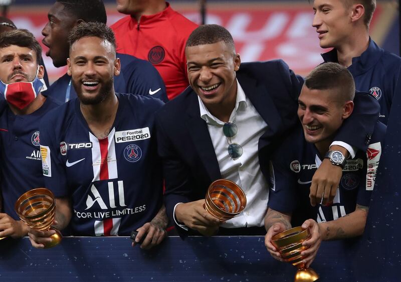 Neymar, Kylian Mbappe and Marco Verratti  celebrate. EPA