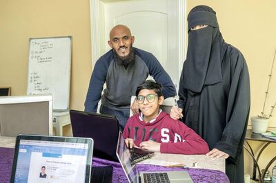 SHARJAH, UNITED ARAB EMIRATES. 08 JULY 2020. The Jamal family is set to launch a marketplace for children to enable them to be young entrepreneurs. Jazeer Jamal with his wife Aisha and their son Umar. (Photo: Antonie Robertson/The National) Journalist: None. Section: National.