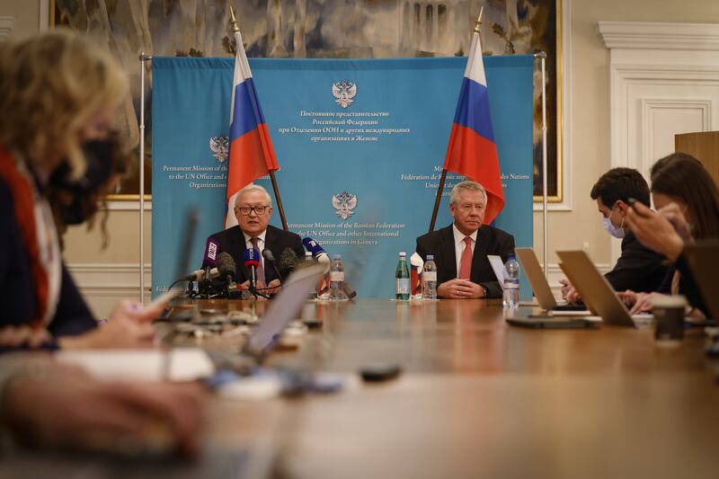 Russian deputy foreign ministers Sergei Ryabkov and Gennady Gatilov speak after talks with the US in Geneva. Bloomberg