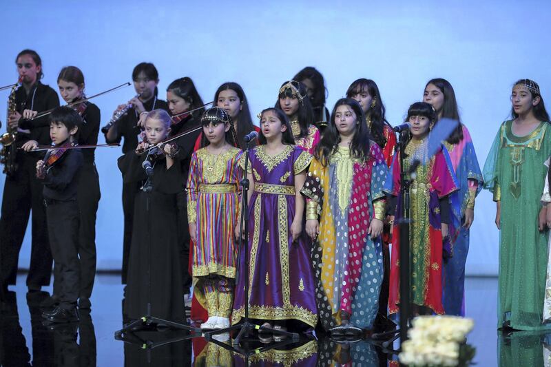 Abu Dhabi, U.A.E., November 20, 2018.  
Sheikha Fatima bint Mubarak Awards for Motherhood and Childhood.  Children sing the U.A.E. National Anthem at the beginning og the awards.
Victor Besa / The National
Section:  NA
Reporter:  Shireena Al Nowais