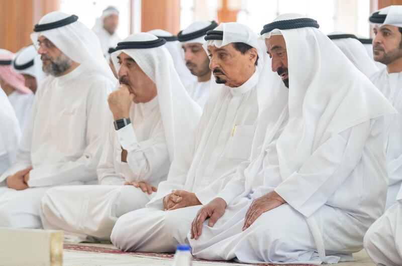 Sheikh Dr Sultan bin Muhammad Al Qasimi, Ruler of Sharjah; Sheikh Humaid bin Rashid, Ruler of Ajman; Sheikh Saud bin Rashid, Ruler of Umm Al Quwain, and Sheikh Sultan bin Muhammad bin Sultan, Crown Prince of Sharjah, attend funeral prayers at King Faisal Mosque. Wam