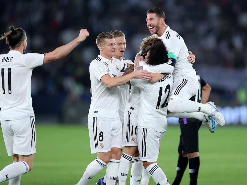 Abu Dhabi, United Arab Emirates - December 22, 2018: Luca Modric of Real Madrid scores during the match between Real Madrid and Al Ain at the Fifa Club World Cup final. Saturday the 22nd of December 2018 at the Zayed Sports City Stadium, Abu Dhabi. Chris Whiteoak / The National