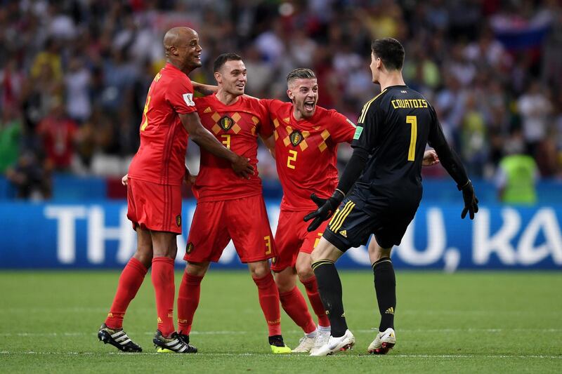 KAZAN, RUSSIA - JULY 06:  Vincent Kompany, Thomas Vermaelen, Toby Alderweireld and Thibaut Courtois of Belgium  celebrate their victory following the 2018 FIFA World Cup Russia Quarter Final match between Brazil and Belgium at Kazan Arena on July 6, 2018 in Kazan, Russia.  (Photo by Laurence Griffiths/Getty Images)
