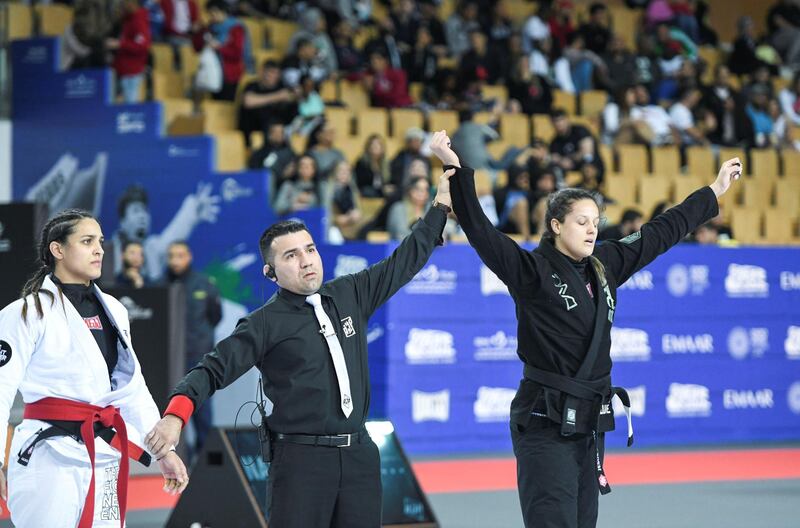 Abu Dhabi, United Arab Emirates - Nathiely de Jesus, defeats Thamara Ferreira at the Abu Dhabi Grand Slam championship in Jiu-Jitsu taking place in the Mubadala Arena. Khushnum Bhandari for The National