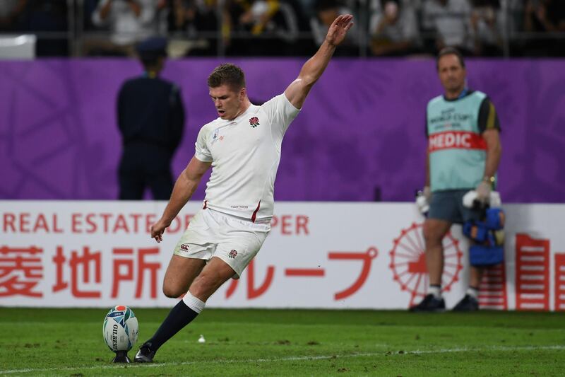 England's fly-half Owen Farrell kicks the ball during the Japan 2019 Rugby World Cup quarter-final match between England and Australia at the Oita Stadium in Oita. AFP