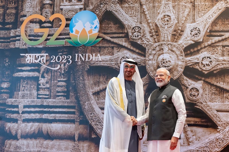Sheikh Mohamed is greeted by India's Prime Minister Narendra Modi. UAE Presidential Court