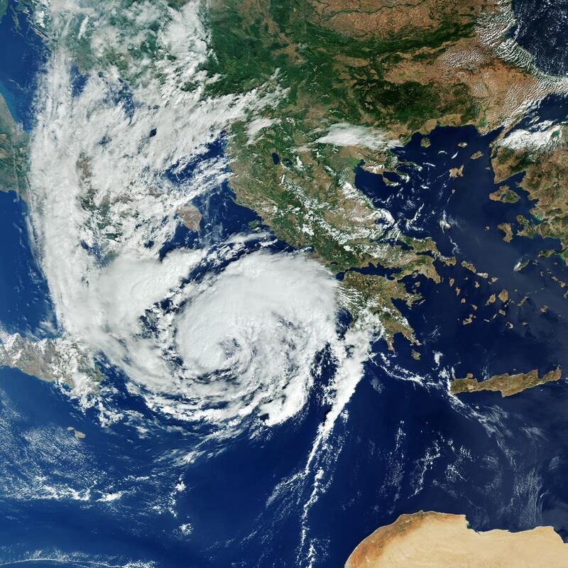 The Mediterranean hurricane, or 'Medicane' Ianos crossing the Ionian Sea and approaching Greece.  A rare hurricane-like cyclone in the eastern Mediterranean, a so-called 'Medicane'.  EPA