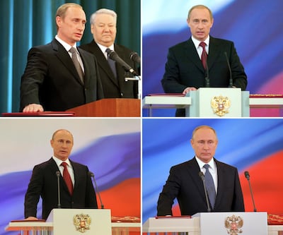 A combination of file photos shows Russian President Vladimir Putin attending his inauguration ceremonies in 2000 (top L), 2004 (top R), 2012 (bottom L) and 2018 at the Kremlin in Moscow, Russia  Itar Tass, Alexander Zemlianichenko/Pool, Vladimir Rodionov/RIA Novosti/Pool, Sputnik/Aleksey Nikolskyi/Kremlin via REUTERS  ATTENTION EDITORS - THIS IMAGE WAS PROVIDED BY A THIRD PARTY/File Photos