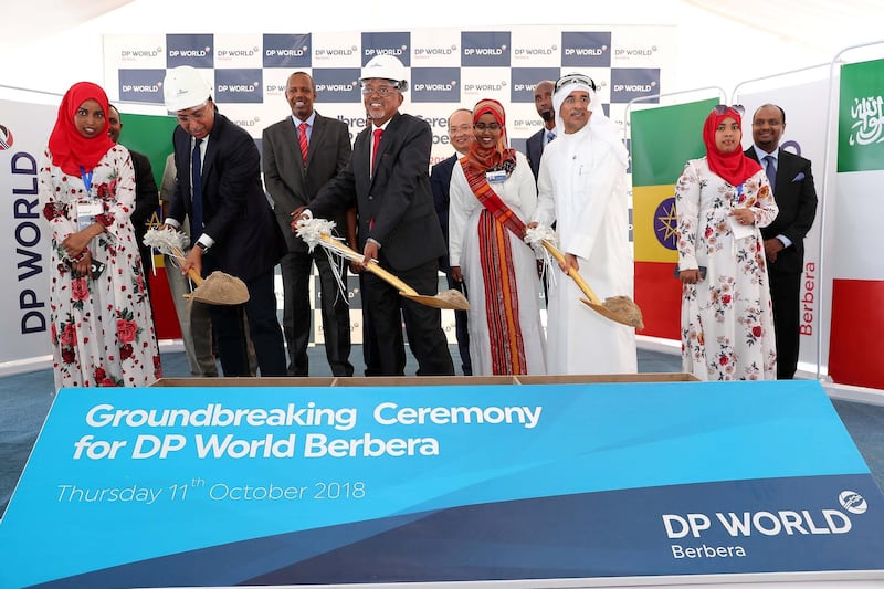 BERBERA , SOMALILAND,  October 10 , 2018 :- Left to Right ��� Abdu Shamakh Al Shebani , CEO , Shafa Al Wahda Contracting Company , Abdi Rahman Abdilahi Ismail , Vice President of Somaliland and Adnan Al Abbar , SVP Group Planning & Project Management DP World during the ground breaking ceremony for the DP World Berbera at the Berbera Port in Somaliland.  ( Pawan Singh / The National )  For News. Story by Charlie