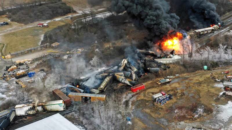 A freight train that derailed on February 3, in the US town of East Palestine, Ohio. AP