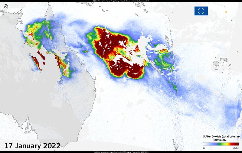 A satellite image shows a sulphur dioxide cloud drifting across the Pacific Ocean on January 17 as a result of the volcanic eruption. Reuters