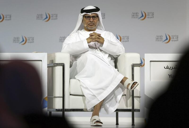 Dr Anwar Gargash, Minister of State for Foreign Affairs, speaks at the Arab Media Forum in Dubai on May 13, 2015. Kamran Jebreili/AFP Photo