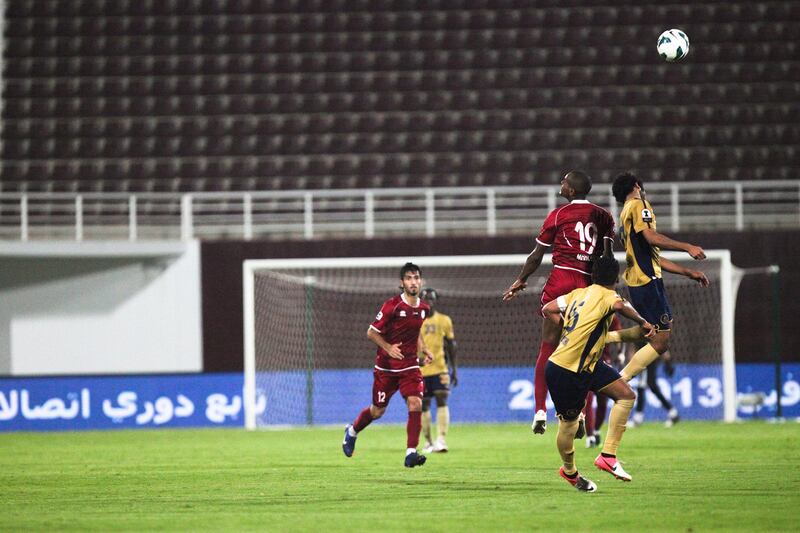 Abu Dhabi, UAE, November 12, 2012:

Al Wahda faced off agianst Dubai tonight and prevaled 2-1 to end the season on a positive note.

Players from both sides go up for a header.

Lee Hoagland/The National



