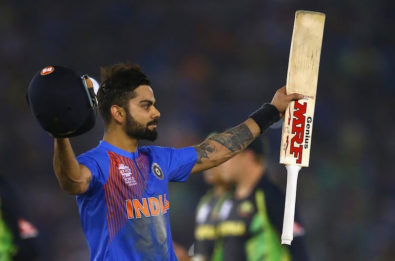 MOHALI, INDIA - MARCH 27:  Virat Kohli of India celebrates victory during the ICC WT20 India Group 2 match between India and Australia at I.S. Bindra Stadium on March 27, 2016 in Mohali, India.  (Photo by Ryan Pierse/Getty Images)