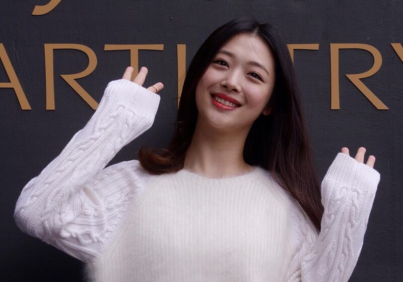 In this Sept. 30, 2015, photo, South Korean pop star and actress Sulli poses during the K-Beauty Close-Up event in Seoul, South Korea. News reports on Monday, Oct. 14, 2019, say Sulli has been found dead at her home south of Seoul. (Jang Se-young/Newsis via AP)