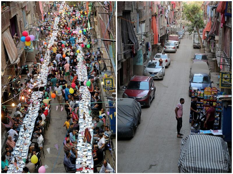 A combination picture shows residents of Ezbet Hamada in Cairo's Mataria district gathering to eat Iftar, the meal to end their fast at sunset, during Ramadan in Cairo, Egypt, May 20, 2019 and the same area seen during the holy month as mass iftars were cancelled due to the outbreak of the coronavirus disease (COVID-19) May 1, 2020. Picture taken May 20, 2019 and May 1, 2020. REUTERS/Mohamed Abd El Ghany