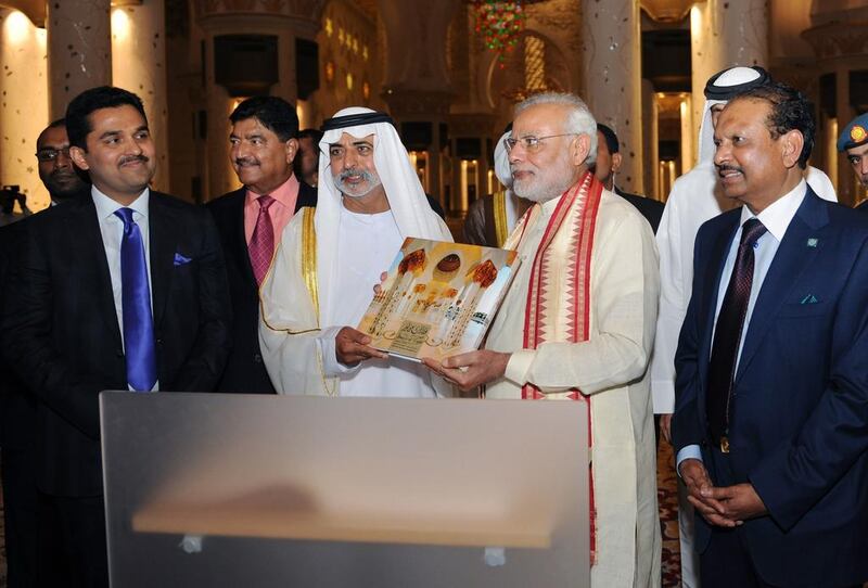 Prime Minister Modi visits the Sheikh Zayed Grand Mosque with Sheikh Nahyan bin Mubarak and BR Shetty (L), chief executive and managing director of New Medical Centre. Wam