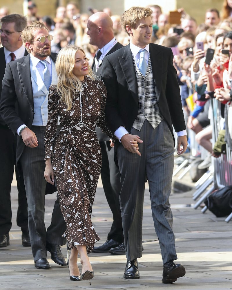 YORK, ENGLAND - AUGUST 31: Sienna Miller and Lucas Zwirner seen at the wedding of Ellie Goulding and Caspar Jopling at York Minster Cathedral on August 31, 2019 in York, England. (Photo by John Rainford/GC Images)