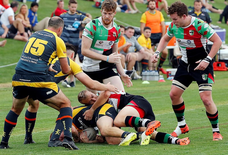 Abu Dhabi, March, 22, 2019: Abu Dhabi Harlequins v Dubai Hurricanes in action during the UAE Premiership semifinal at the Zayed Sports City in Abu Dhabi. Satish Kumar/ For the National / Story by Paul Radley