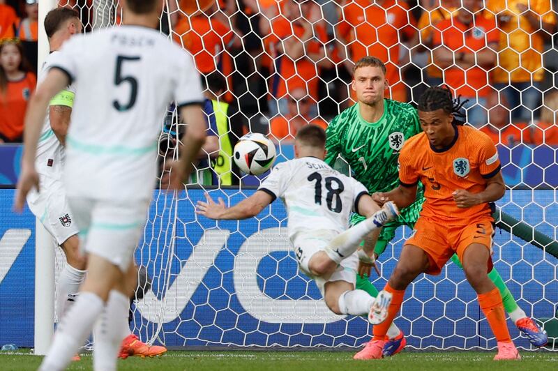 Austria's Romano Schmid scores his team's second goal against the Netherlands. AFP