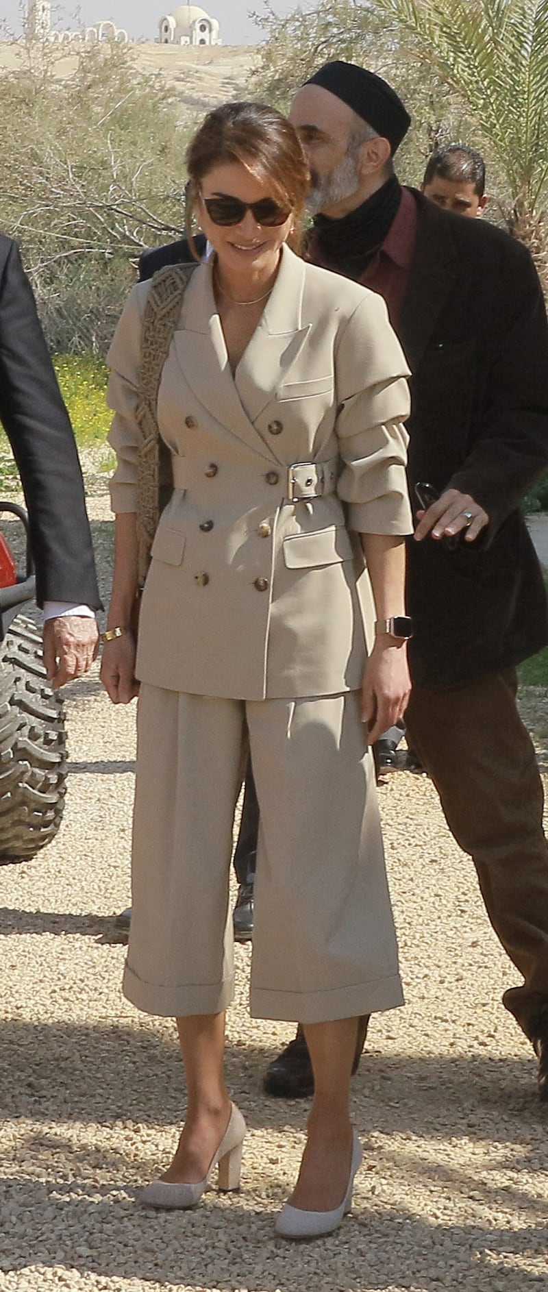 Queen Rania, in Michael Kors, visits the baptism site of Al-Maghtas, the baptism site of Jesus Christ, on March 3, 2020. AFP