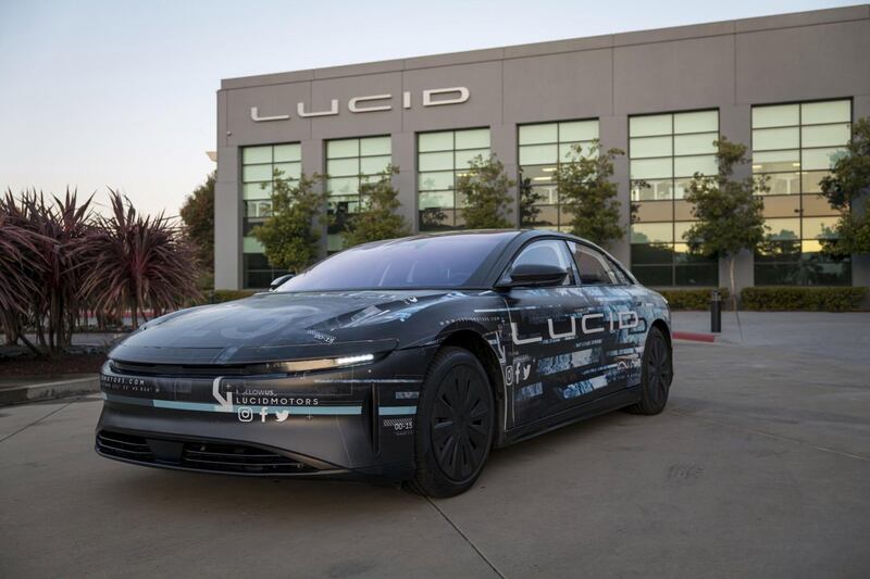 The Lucid Air prototype electric vehicle, manufactured by Lucid Motors Inc., is displayed at the company's headquarters in Newark, California, U.S., on Monday, Aug. 3, 2020. The final specs and design of the Lucid Air are due to be unveiled at an event in September and executives say customers can now expect delivery of the first batch of Airs in spring 2021. Photographer: David Paul Morris/Bloomberg