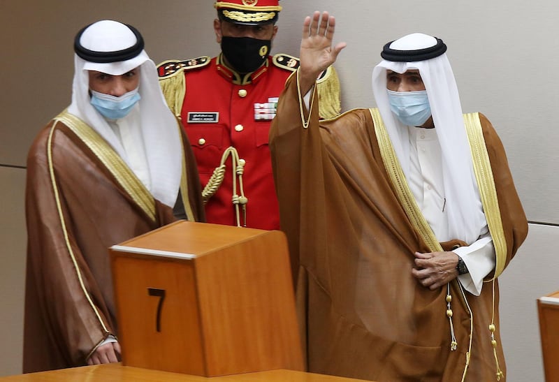 Sheikh Nawaf salutes the crowd after being sworn in as Kuwait's Emir at the National Assembly in Kuwait City in September 2020. AFP