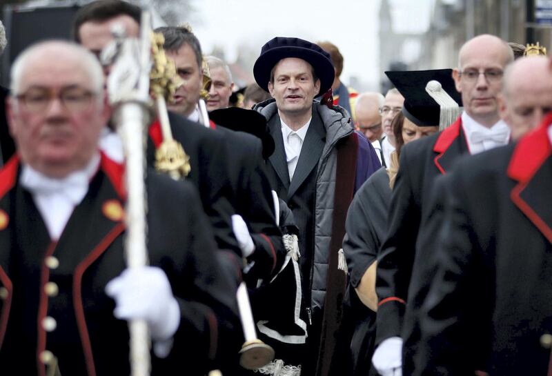 Serbian political activist Srdja Popovic, in the procession through the streets of St Andrews, Fife, after he was installed as the new rector at the University of St Andrews. (Photo by Jane Barlow/PA Images via Getty Images)