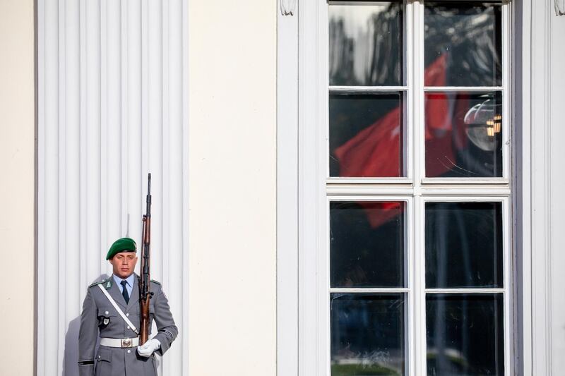 A soldier stands guard prior to the arrival of Turkish President Recep Tayyip Erdoga at Bellevue Castle in Berlin, Germany. Omer Messinger / EPA