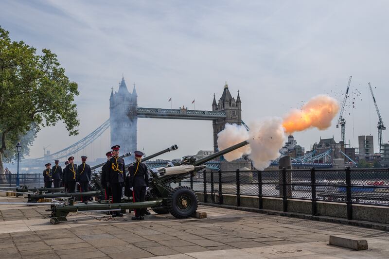 Members of the Honourable Artillery Company, the oldest regiment in the British Army, during a 62-gun salute from the Tower of London. Getty Images