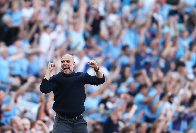 Pep Guardiola celebrates after Rodri scored Manchester City's third goal. Getty Images