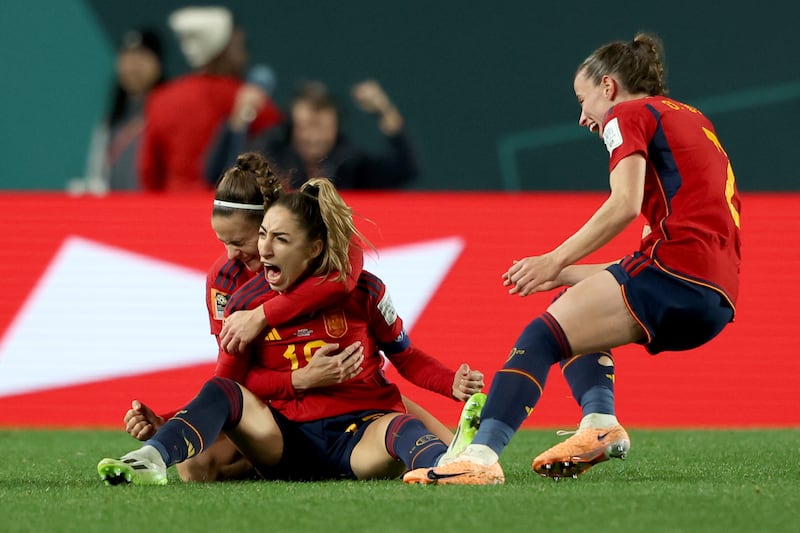 Spain's Olga Carmona celebrates scoring the winning goal against Sweden in the Women's World Cup semi-final in Auckland, on August 15, 2023. EPA