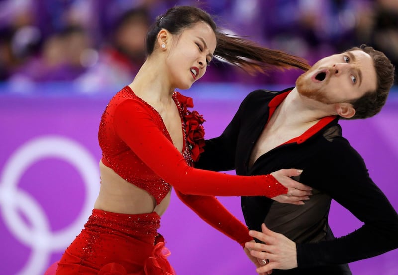 Yura Min and Alexander Gamelin of South Korea perform in the Ice Dance short dance competition. Phil Noble / Reuters