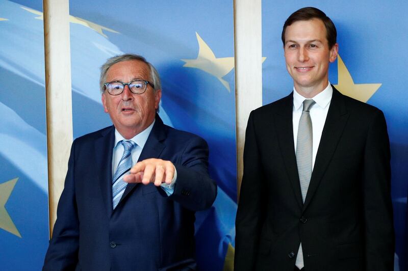 European Commission President Jean-Claude Juncker poses with White House senior adviser Jared Kushner, U.S. President Donald Trump's son-in-law, at the EU Commission headquarters in Brussels, Belgium, June 4, 2019. REUTERS/Francois Lenoir