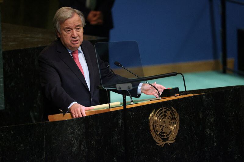 UN Secretary-General Antonio Guterres addresses the United Nations General Assembly in New York on September 20. Reuters