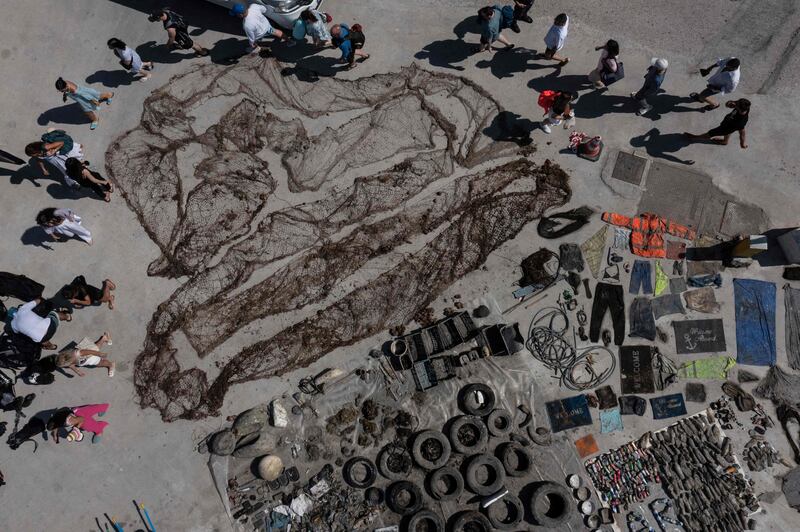 Marine litter is collected and displayed at the port of Vlychada on the Greek island of Santorini. AFP