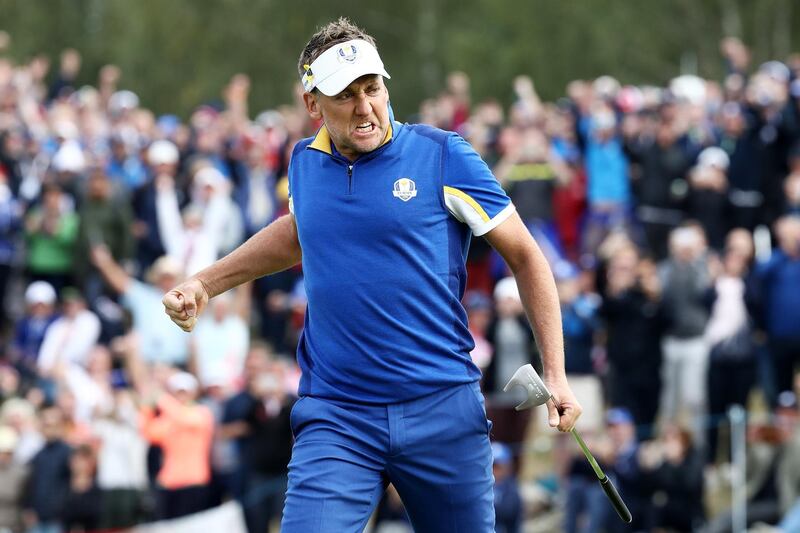 PARIS, FRANCE - SEPTEMBER 30: Ian Poulter of Europe celebrates winning his match on the 18th during singles matches of the 2018 Ryder Cup at Le Golf National on September 30, 2018 in Paris, France.  (Photo by Jamie Squire/Getty Images)