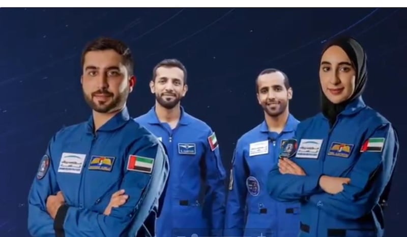 Mohammed Al Mulla, left, and Nora Al Matrooshi join Hazza Al Mansouri and Sultan Al Neyadi as UAE astronauts