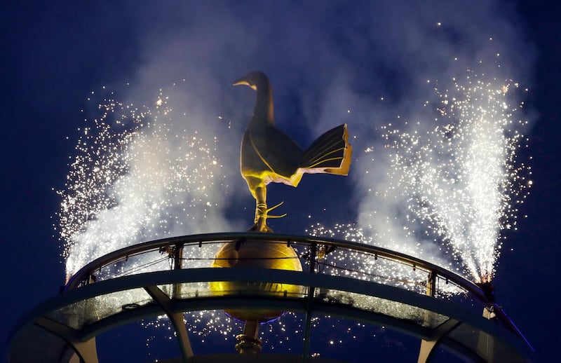 Fireworks light the Tottenham Hotspur's golden cockerel at the top of the stadium. AP Photo